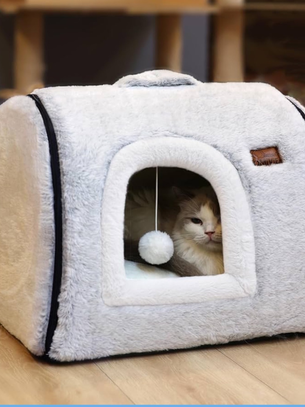 Cozy Plush Cat Cave Bed in Light Gray